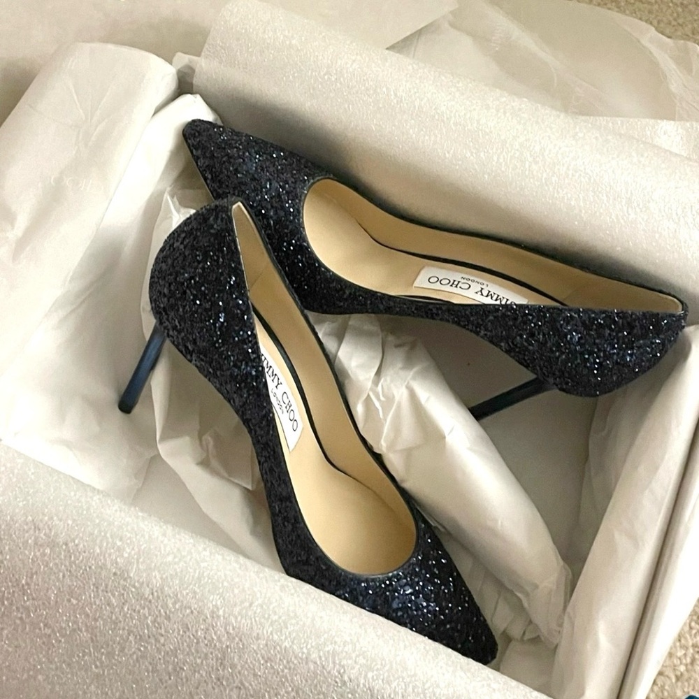 Jimmy Choo Black Glitter Pointed Stiletto - Size 39.5